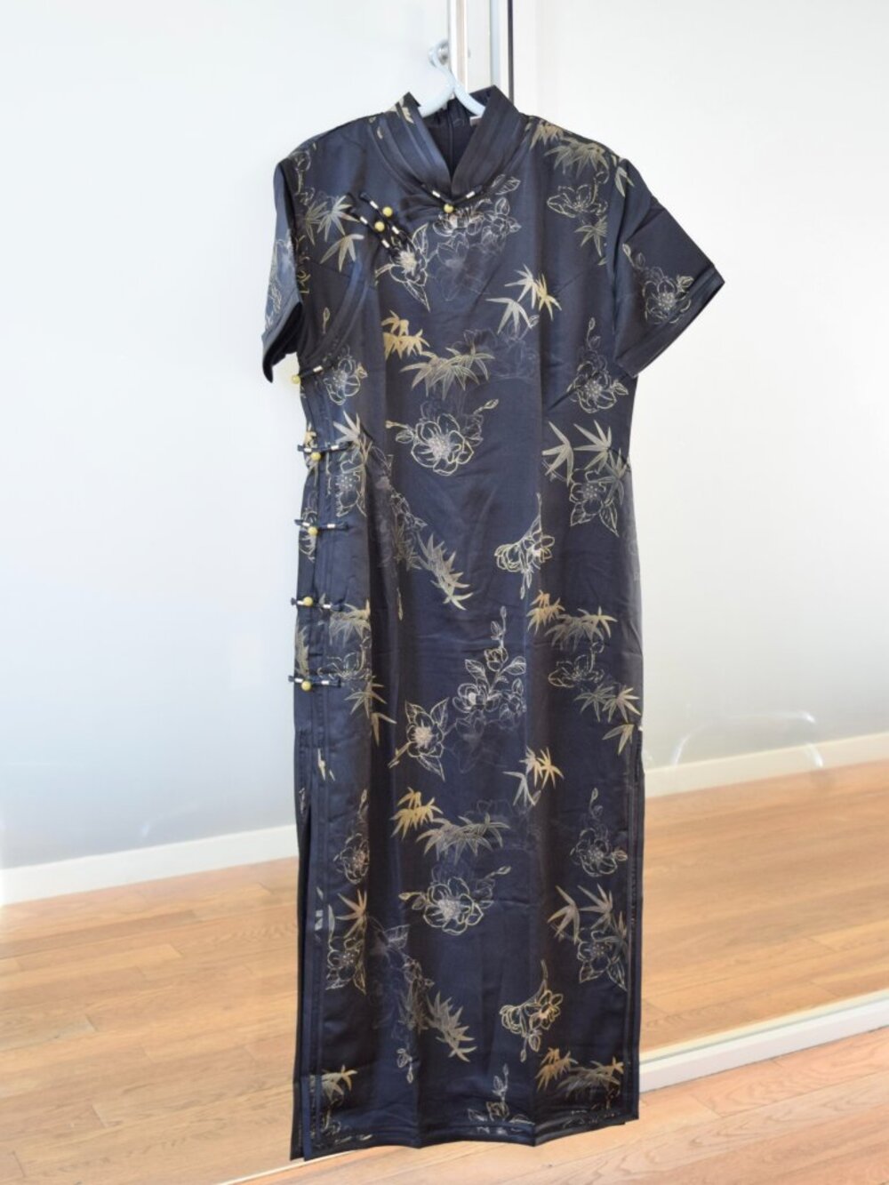Black Yellow Bamboo Long Qipao - Chinese Dress Cheongsam